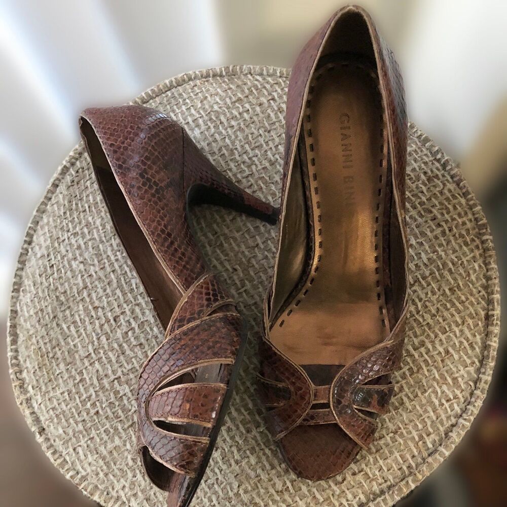 90s brown snakeskin open peep toe stiletto pumps with 3.2” heel genuine leather